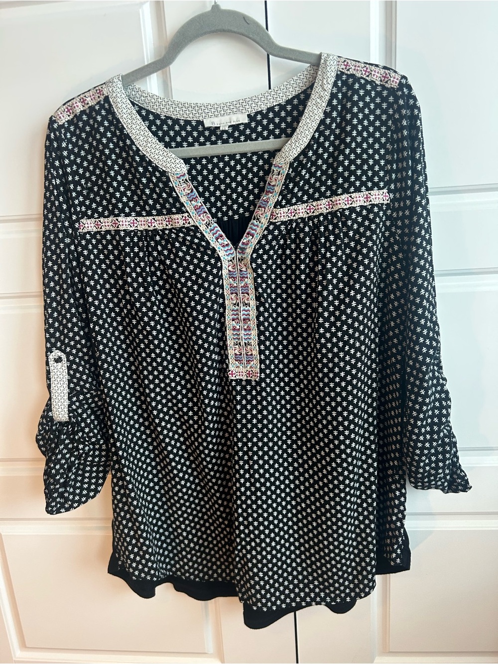 Skies Are Blue Black Patterned V-Neck Tunic with Multicolor Embroidered Trim